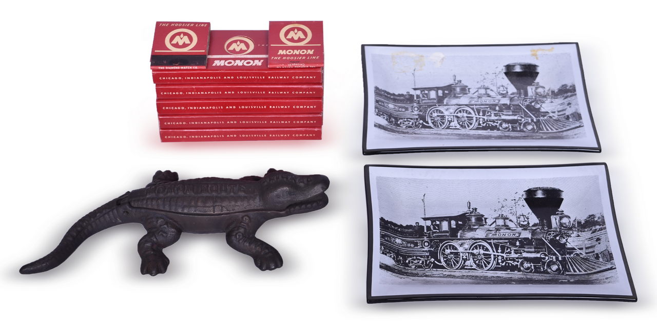 4634 - Group of Monon Railroad Smoking Ephemera - Alligator Match Safe, Matches, Glass Ash Trays thumbnail