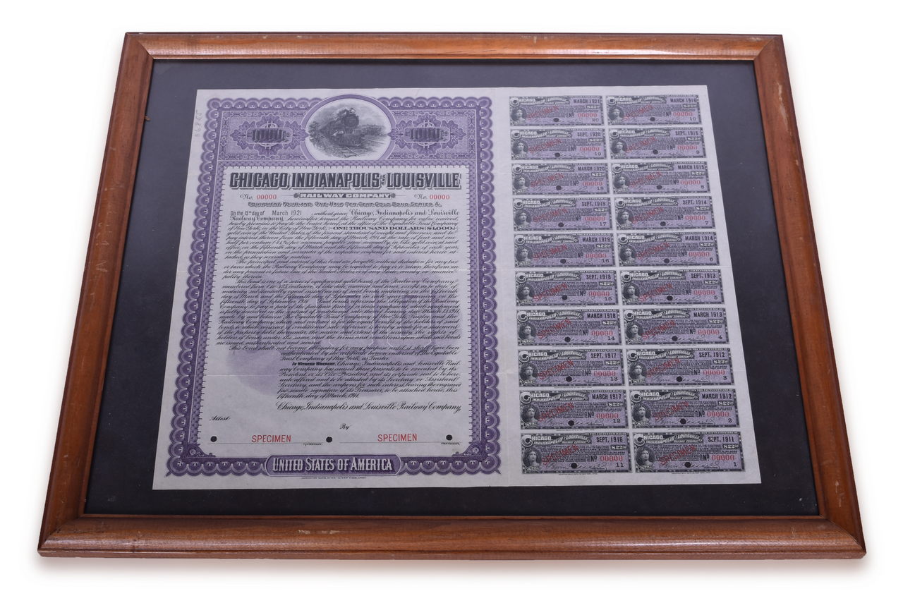 4644 - 1911 Monon Railroad Specimen $1000 Gold Bond Certificate thumbnail