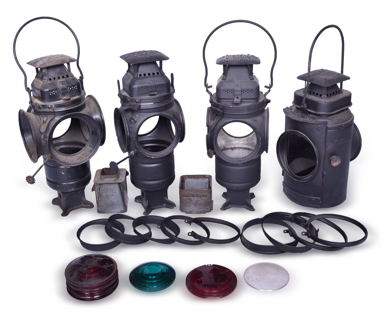 4665 - Mixed Group of Railroad Lantern Parts - Adams & West Lake Switch Lamps, Chicago Burlington & Quincy Train Order Lamp, and More thumbnail