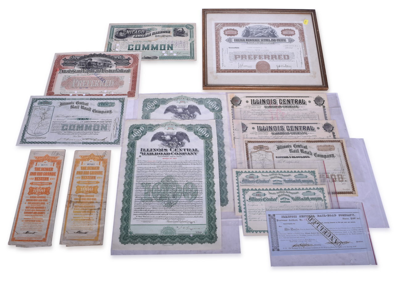 4675 - Group of Fourteen Railroad Stock Certificates - Illinois Central, Denver & Rio Grande Western, Detroit, Grand Rapids, and Western and More thumbnail