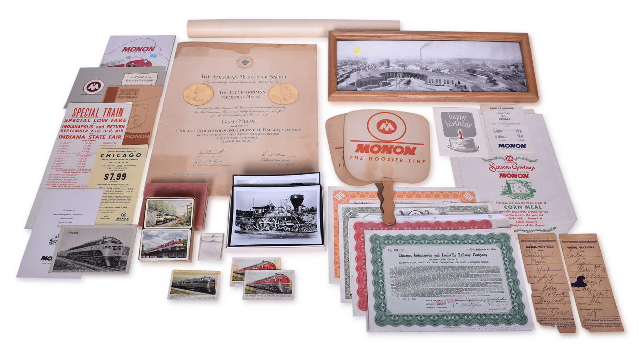 4676 - Group of Monon Railroad Paper Ephemera - Howard Fogg Advertising Print, Stock Certificates, Harriman Gold Medal Award Certificate, and More thumbnail