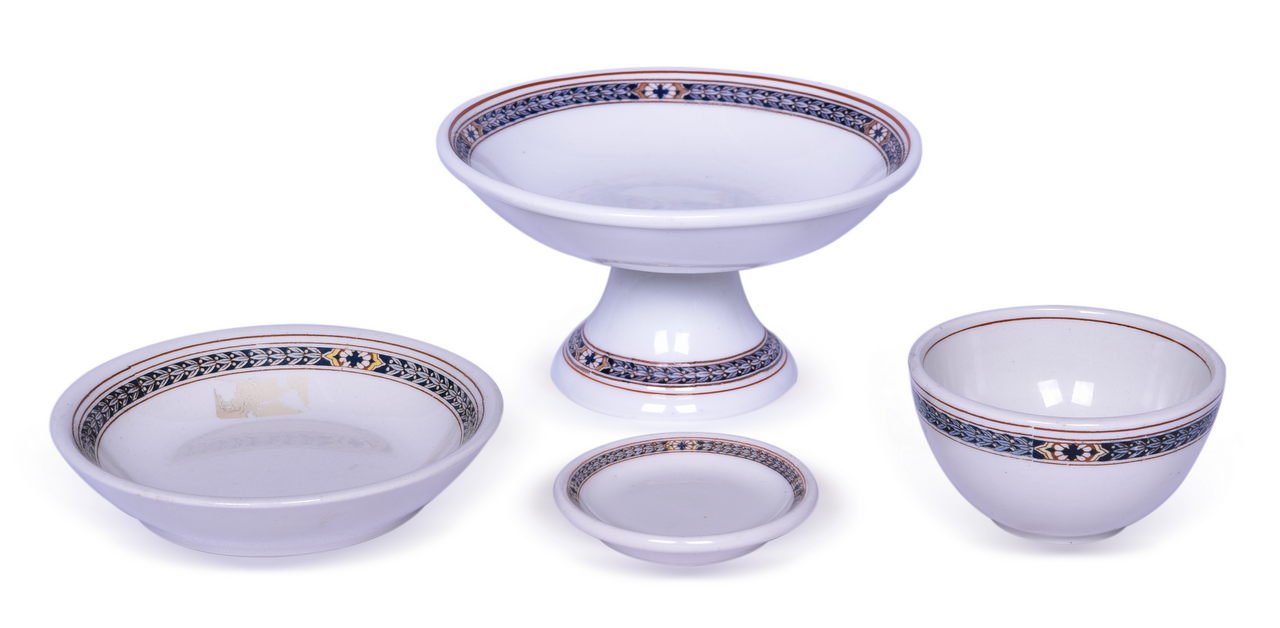 4009 - Pennsylvania Railroad Purple Laurel China Pedestal Compote, Butter Pat, Bouillon Cup, and Fruit Bowl thumbnail