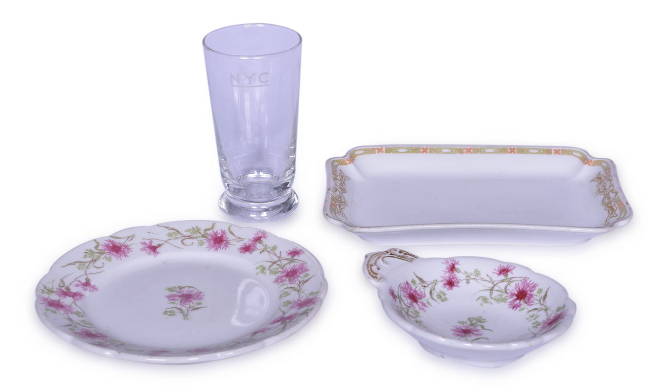 4043 - Four New York Central Railroad China and Glass - Hyde Park Ice Cream Shell, Plate, Vanderbilt Platter, and Drinking Glass thumbnail