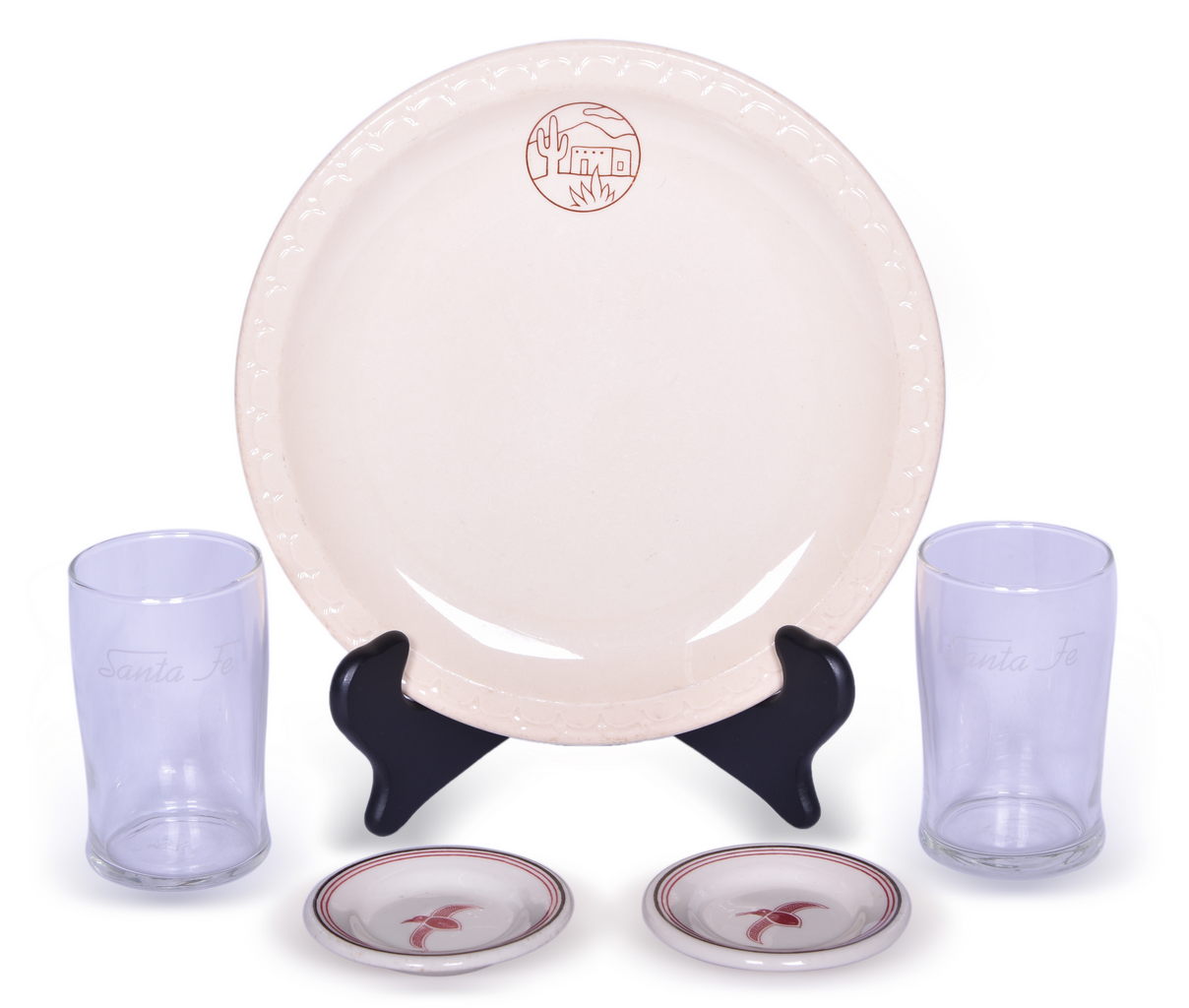 4057 - Atchison, Topeka, & Santa Fe Railroad China Adobe Dinner Plate, Mimbreno Butter Pats, and Drinking Glasses thumbnail