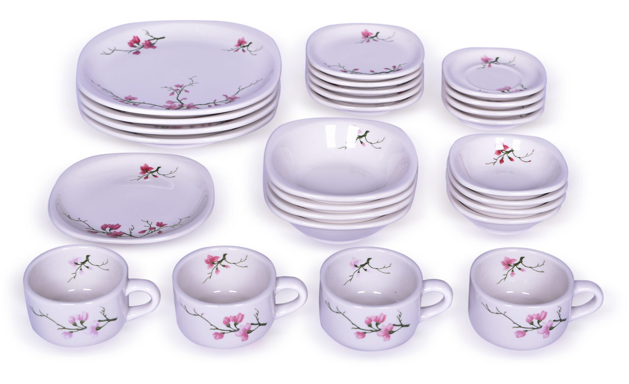 4073 - Twenty-Six Pieces of Fred Harvey Santa Fe Railroad Restaurant Trend Pattern China - Plates, Cup, Saucers, Bowls, and More thumbnail