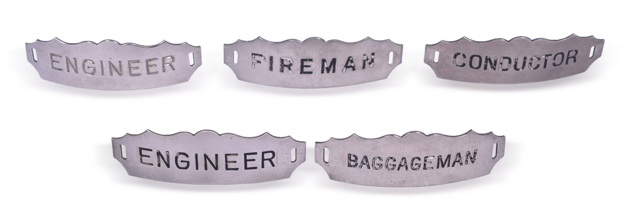 4086 - Group of Five American Railway Supply Cap Badges - Fireman, Conductor, Engineer, and Baggageman thumbnail