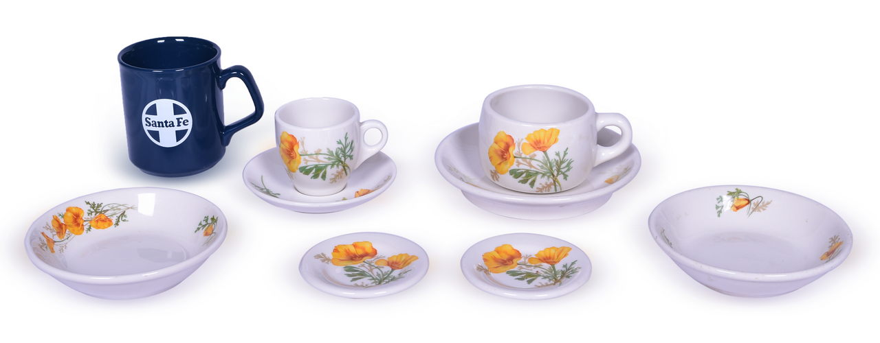 4091 - Nine Pieces of Santa Fe Railroad China - California Poppy Demitasse Set, Butter Pats, Fruit Bowls, Coffee Mug, Saucer, and Mug thumbnail