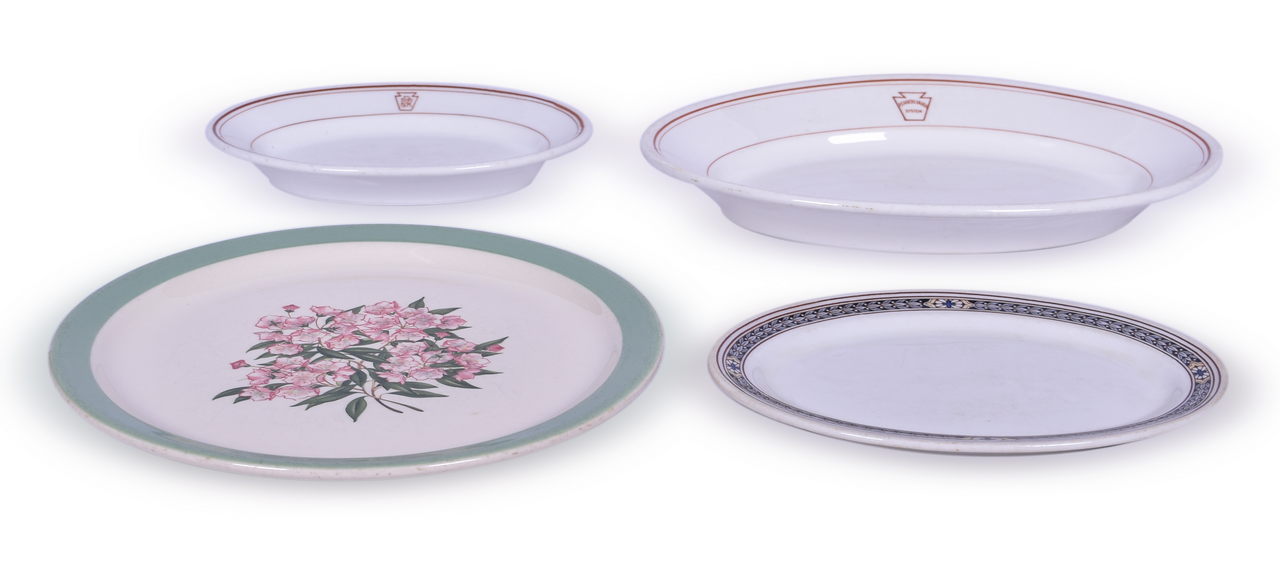 4123 - Four Pieces of Pennsylvania Railroad China - Liberty, Brown Keystone, and Purple Laurel Oval Platters and Mountain Laurel Dinner Plate thumbnail