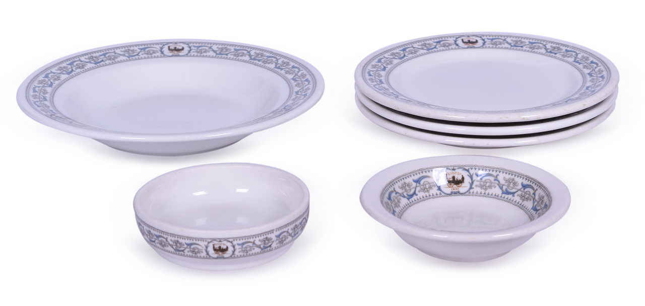 4127 - Six Pieces of New York Central Railroad China Dewitt Clinton Soup Bowl, Plates, Fruit Bowl, and Sauce Dish thumbnail