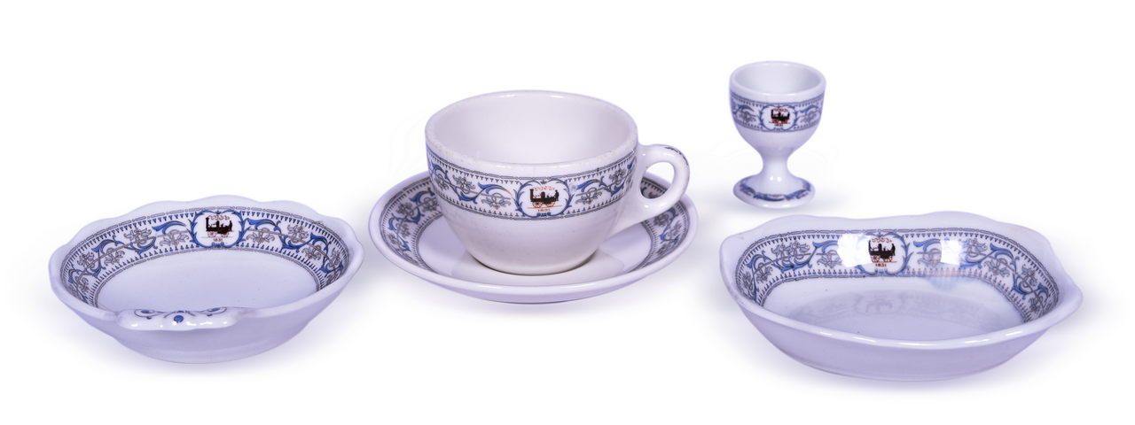 4139 - Five Pieces of New York Central Railroad China Dewitt Clinton Egg Cup, Ice Cream Shell, Coffee Cup, Saucer, and Rectangular Dish thumbnail