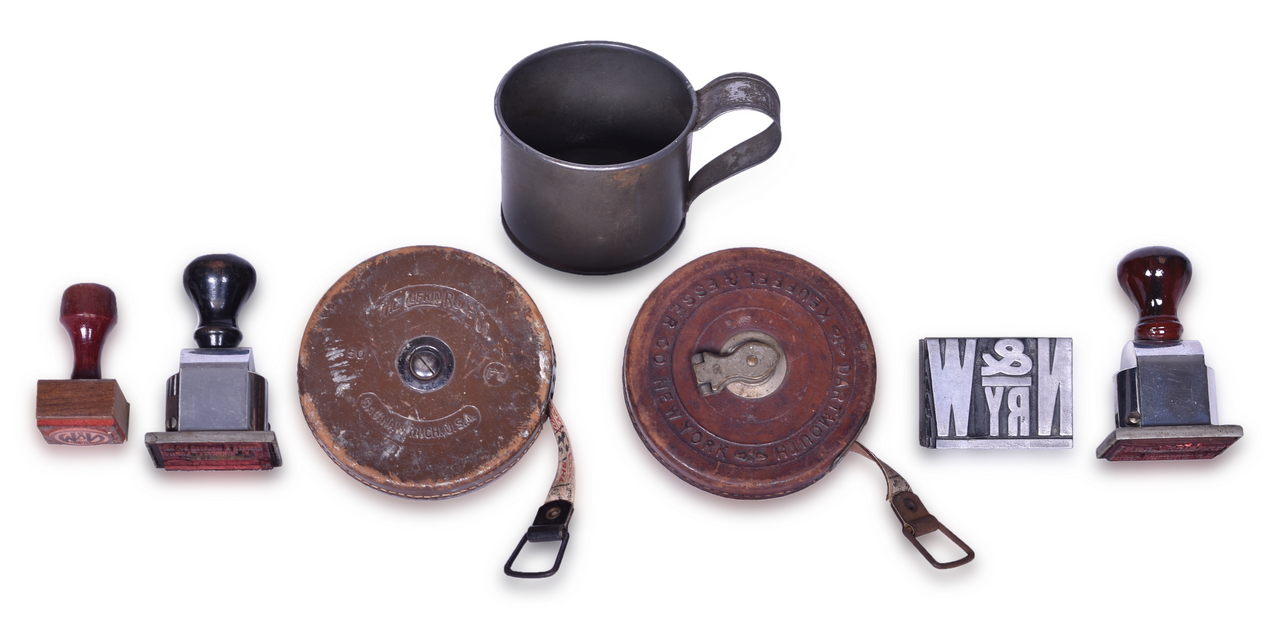 4140 - Norfolk and Western Railway Ephemera Group - Leather Pouch Tape Measures, Tin Cup, Printing Block, etc. thumbnail