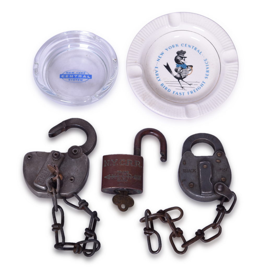 4142 - Three New York Central Railroad Locks and Two Glass Ashtrays - XLCR, Early Bird Fast Freight, etc. thumbnail