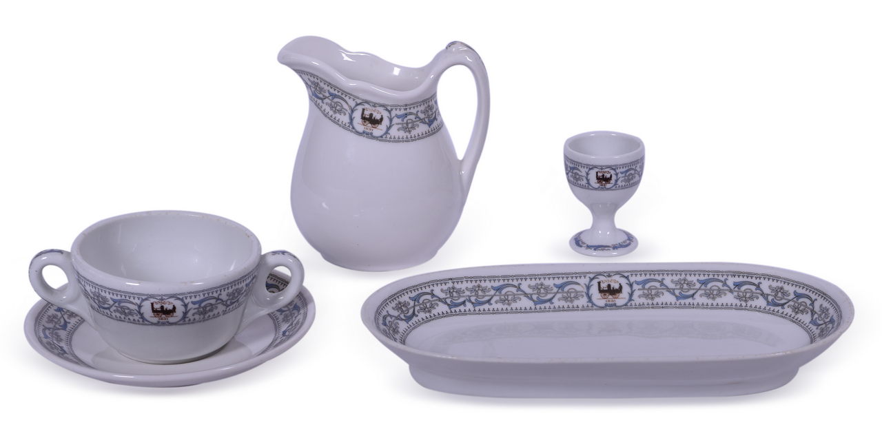 4155 - New York Central Railroad China Dewitt Clinton Double Handled Bouillon Cup, Saucer, Oval Celery Tray, Creamer, and Egg Cup thumbnail