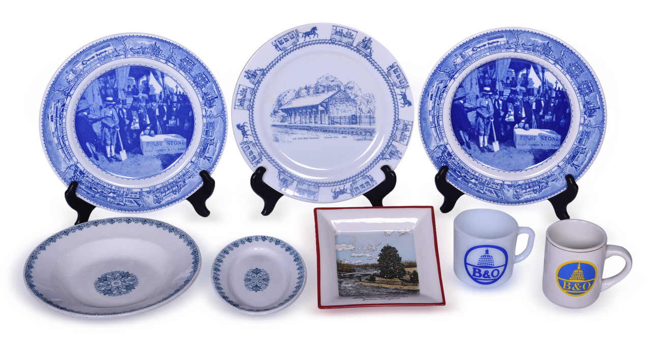 4159 - Eight Pieces of Baltimore & Ohio Railroad China Derby Oval Platter, Soup Bowl, Sesquicentennial Plates, and More thumbnail