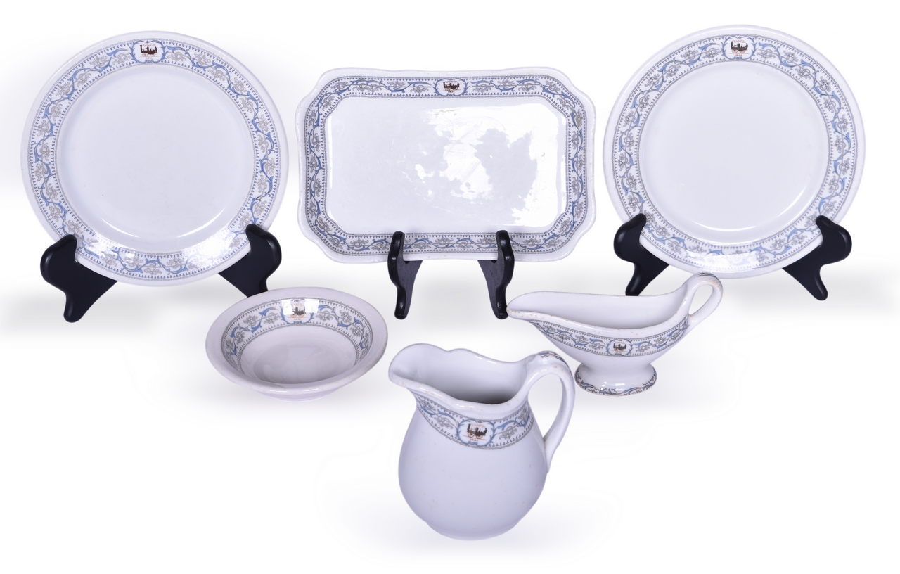 4171 - Six Pieces of New York Central Railroad China Dewitt Clinton Sauce Boat, Creamer, Rectangular Platter, Plates, and Sauce Dish thumbnail