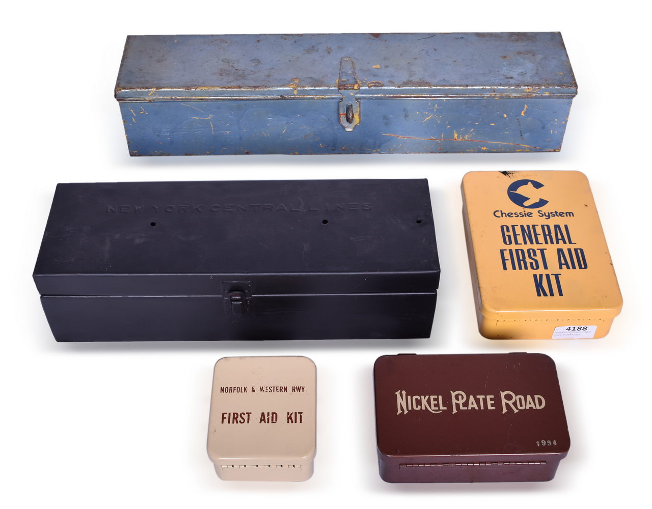 4188 - Group of Five Metal Railroad First Aid Kits and Tool Boxes - Nickel Plate, New York Central, Chessie, N&W thumbnail