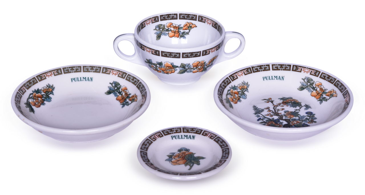 4191 - Pullman Railroad China Indian Tree Butter Pat, Fruit Bowls, and Double Handle Bouillon Cup thumbnail