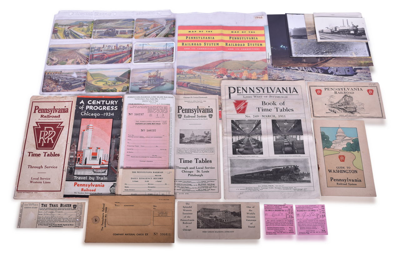4204 - 54 Pieces of Pennsylvania Railroad Ephemera - Pocket Calendars, Maps, Aluminum Coins, etc thumbnail