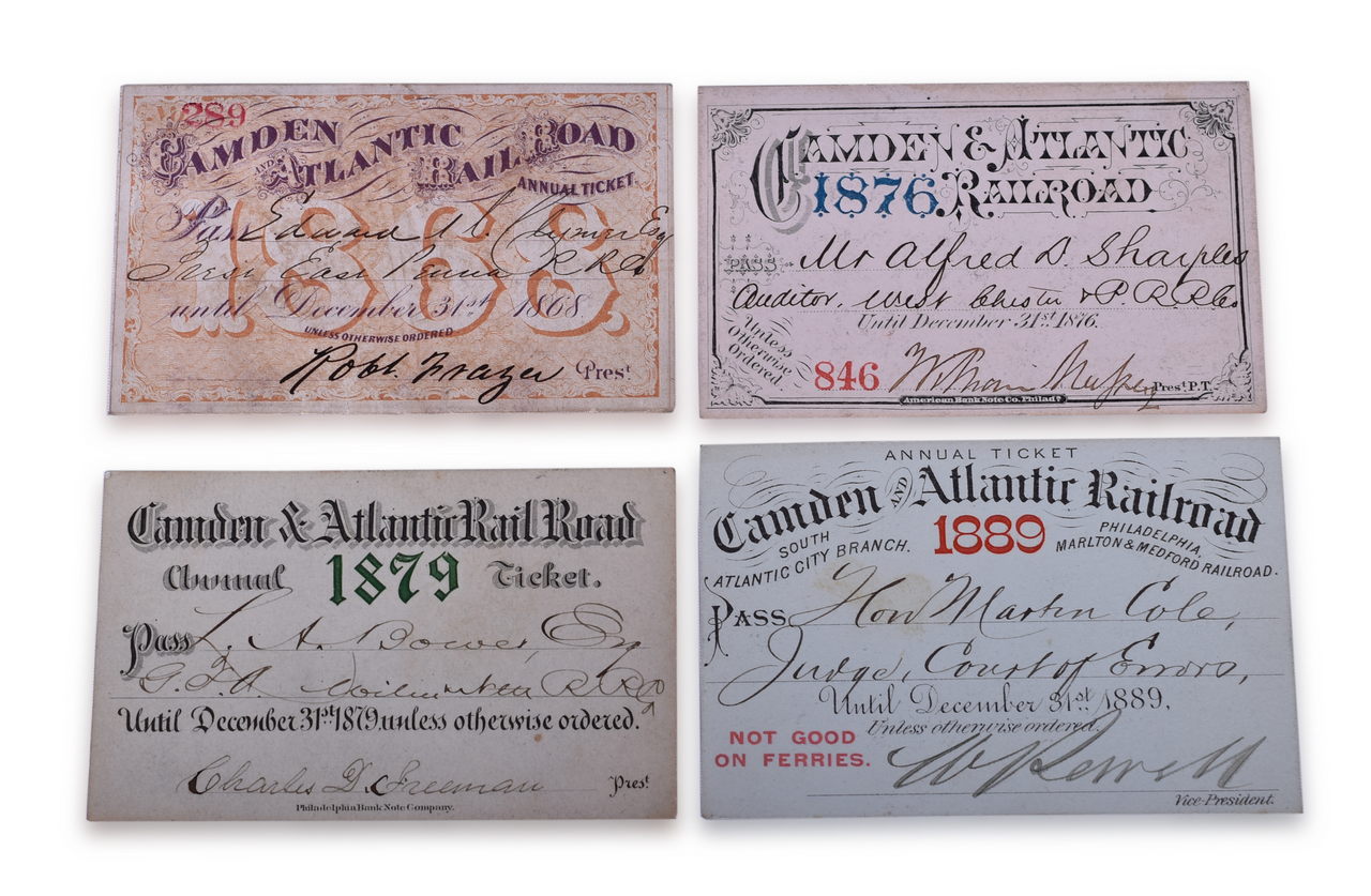 4221 - Four Camden & Atlantic Railroad Annual Passes - 1868, 1876, 1879, and 1889 thumbnail