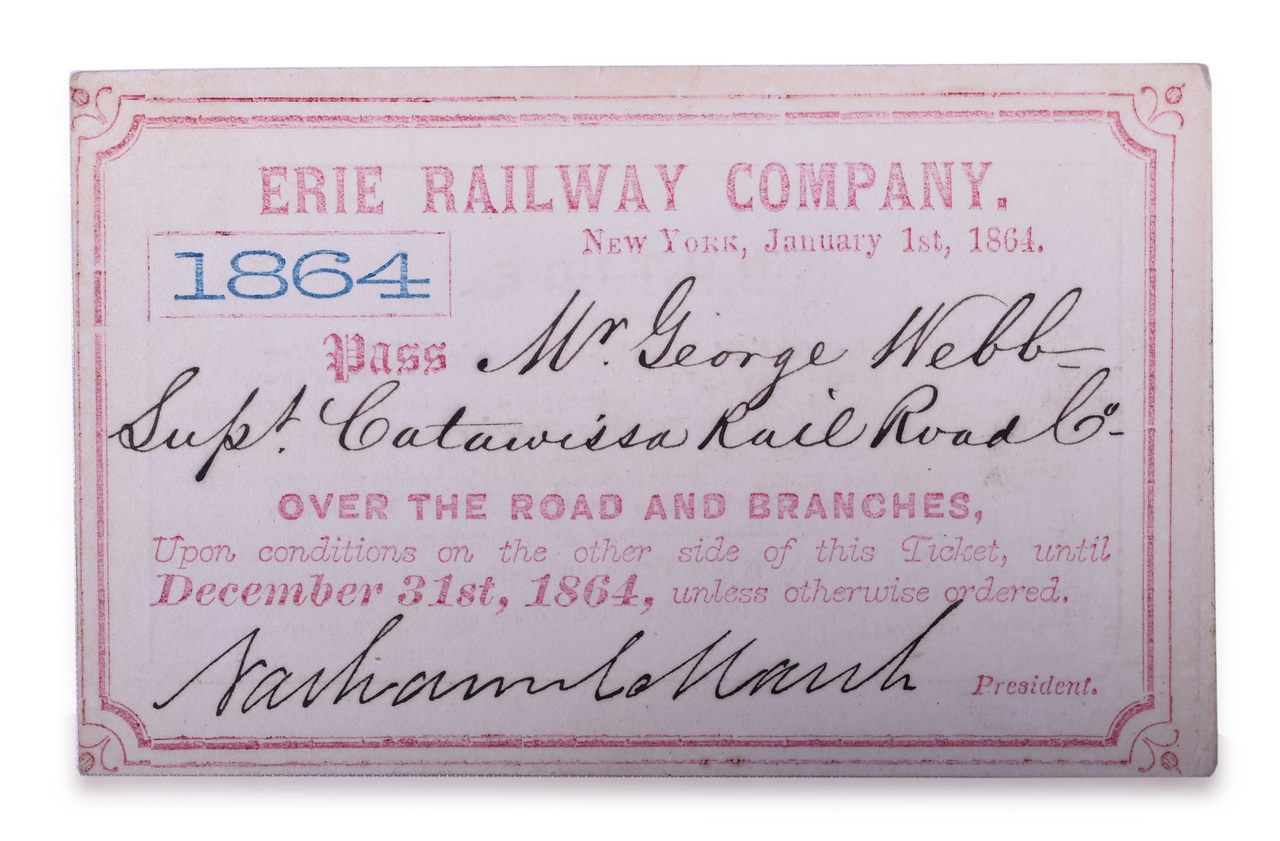 4225 - 1864 Erie Railway Annual Pass - President Signed thumbnail