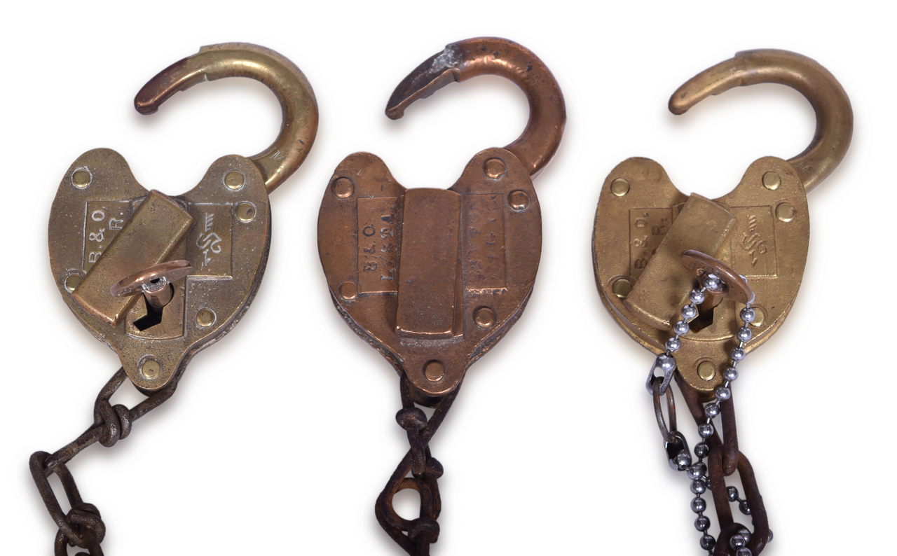 4226 - Three B&O Railroad Brass Heart Shaped Locks - Dayton Station Lock, Two Slaymaker, all w/ Keys thumbnail