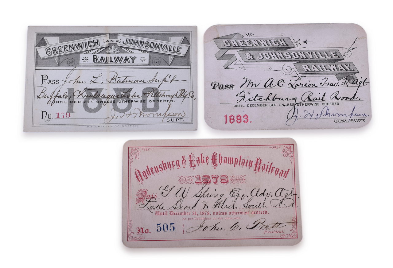 4231 - Three Late 1800s New York Railroad Annual Passes - Greenwich & Johnsonville Railway and Ogdensburg & Lake Champlain Railroad thumbnail