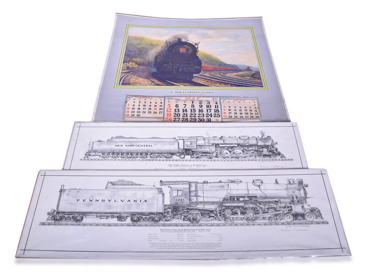 4278 - 1935 Pennsylvania Railroad Calender, Pennsylvania K-4 Locomotive Print, and New York Central Hudson Print thumbnail