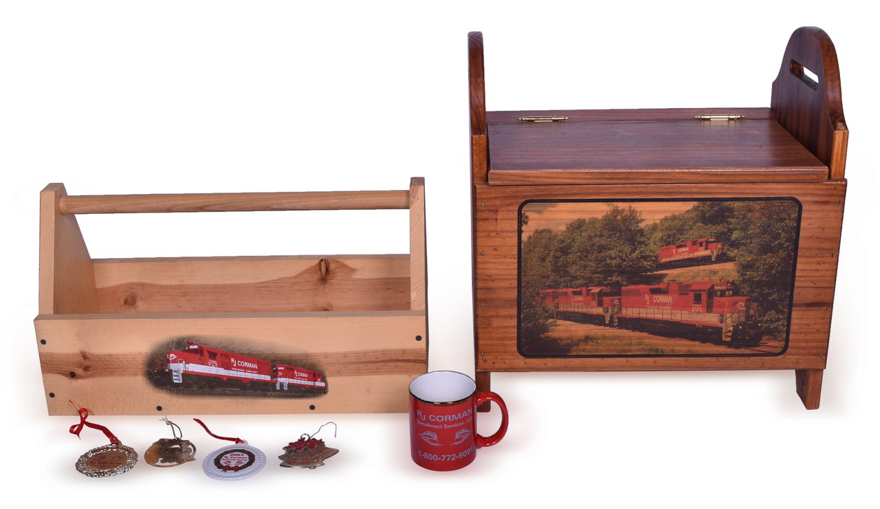 4292 - R.J. Corman Railroad Wooden Tool Box, Storage Chest, Mug, & Christmas Ornaments thumbnail