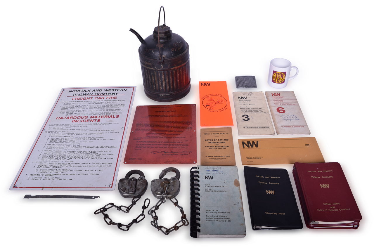 4317 - Group of Norfolk and Western Railroad Items and Paper Ephemera - Locks, Key, Oil Can, Signs, and More thumbnail