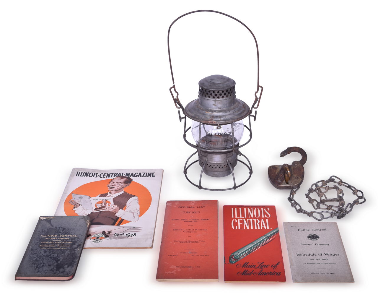 4320 - Illinois Central Railroad Adlake Lantern, Lock, Brass Key, and Paper Ephemera thumbnail