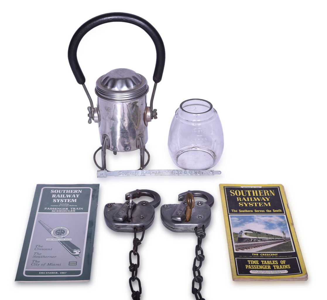 4306 - Mixed Group of Southeastern Railroad Items - Switch Key, Locks, Lantern Globe, Timetables, and More thumbnail