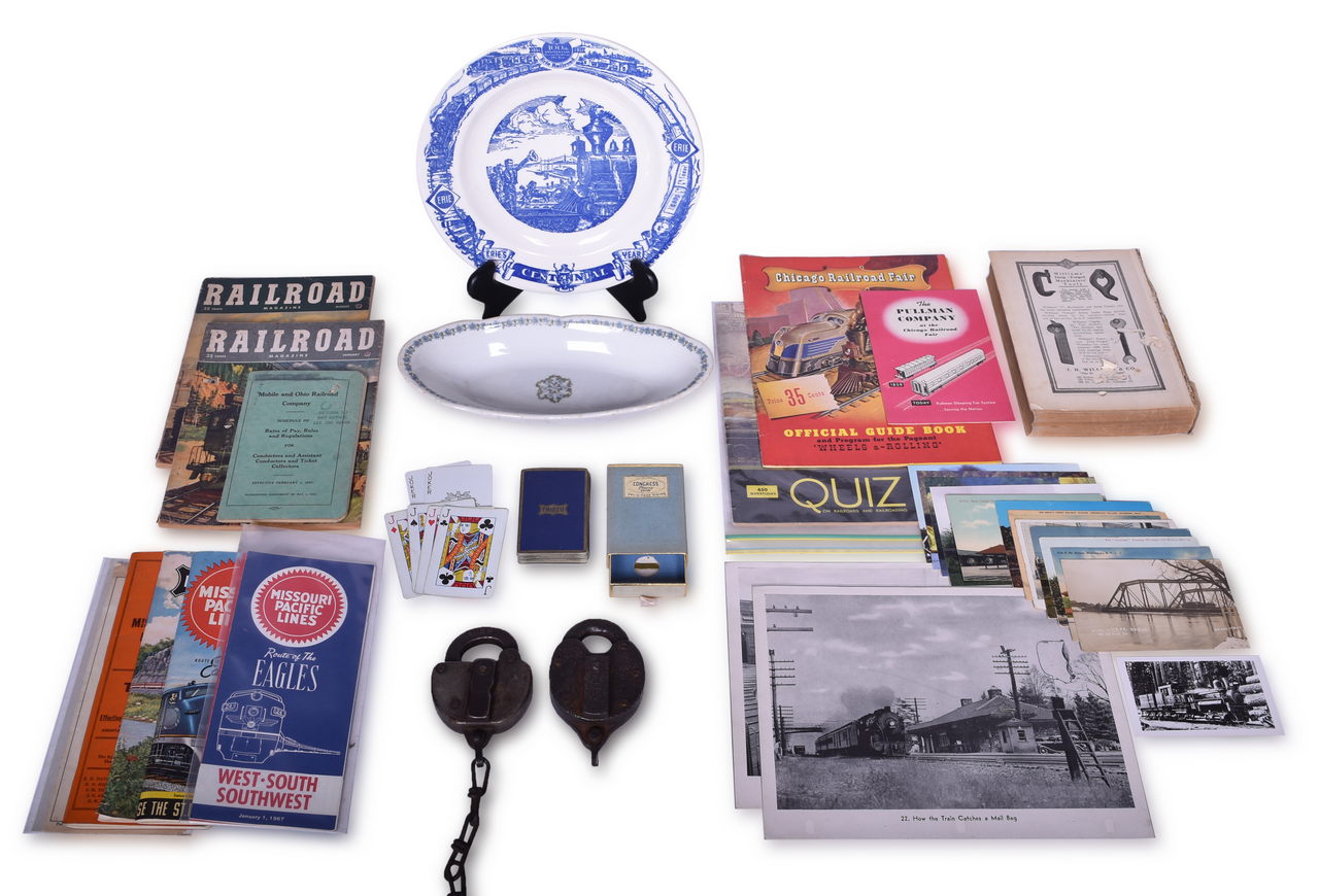 4307 - Thirty-Four Assorted Railroad Items - Erie China, Frisco Playing Cards, Locks, Postcards, Timetables, and More thumbnail