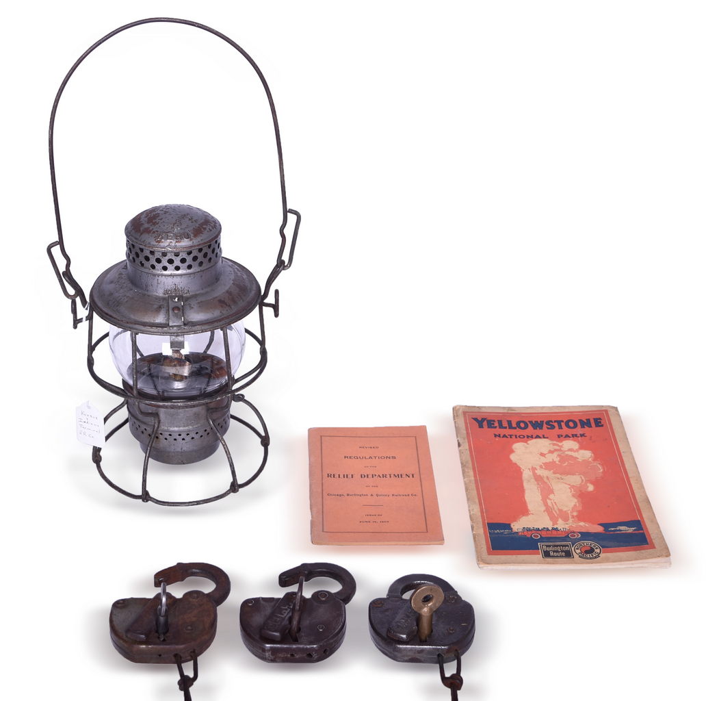 4308 - Group of Midwest Railroad Items - Adlake Kero Lantern, Illinois Central Gulf Lock, Burlington Route Guide, and More thumbnail