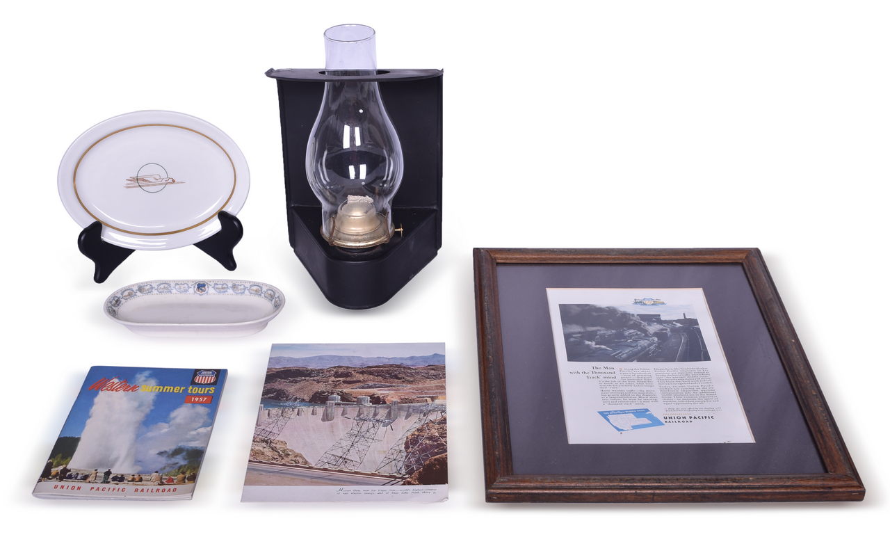 4310 - Six Union Pacific Railroad Items - Wall Lamp, China Plates, Travel Guide, Menu, and Framed Advertisement thumbnail