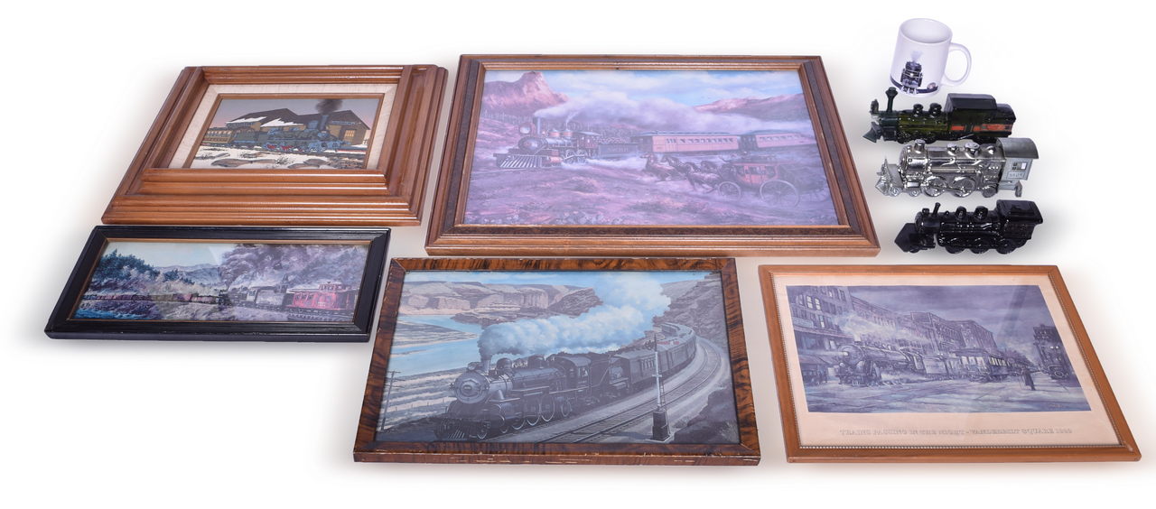 4312 - Mixed Collection of Framed Railroad Art, Avon After Shave Bottles, and Lionel Coffee Mug thumbnail