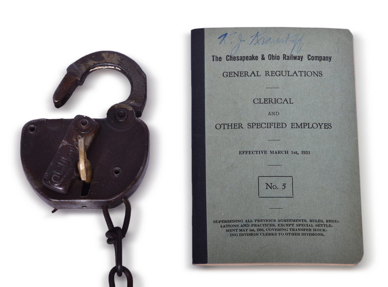 4329 - Chesapeake and Ohio Railroad Adlake Lock, Brass Key, and 1931 General Regulations Book thumbnail