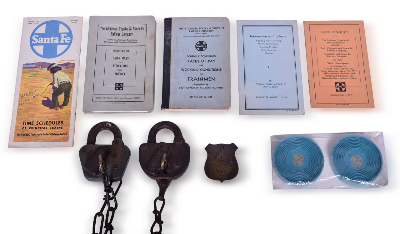 4332 - Atchison, Topeka and Santa Fe Railway Conductor Badge, Locks, Brass Keys, Paper Ephemera, and New Old Stock Coasters thumbnail