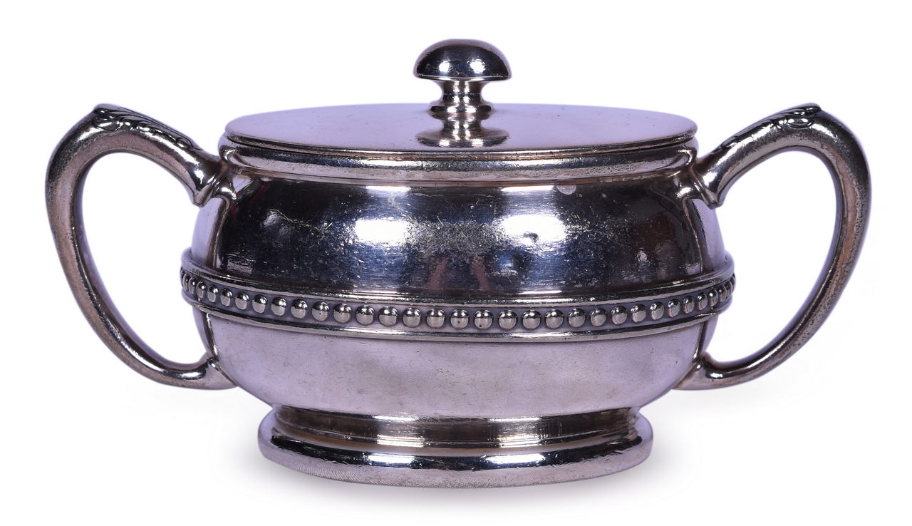 4610 - Reed & Barton Ohmer Railroad Dining Car Service Double Handled Sugar Bowl with Lid 9 Oz thumbnail