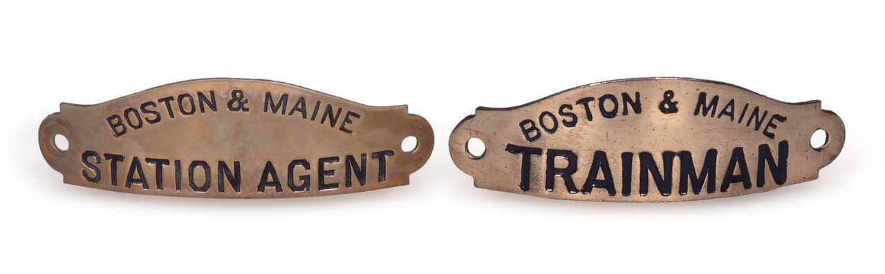 5001 - Pair of Boston & Maine Railroad Trainman and Station Agent Brass Cap Badges thumbnail
