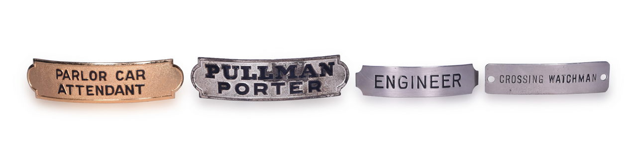 5003 - Four Railroad Cap Badges - Pullman Porter, Parlor Car Attendant, Engineer, and Crossing Watchman thumbnail