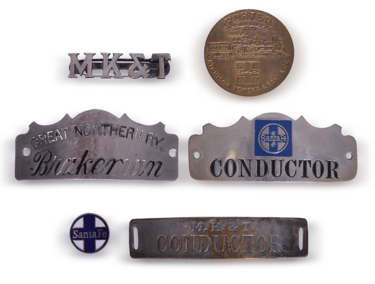 5011 - Six Western Railroad Cap Badges and Lapel Pins - Santa Fe, Great Northern, and Missouri, Kansas and Texas thumbnail