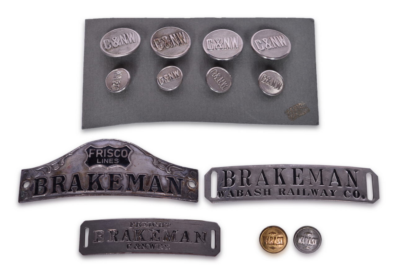 5027 - Group of Railroad Cap Badges and Uniform Buttons - Wabash, Chicago and North Western, and Frisco thumbnail