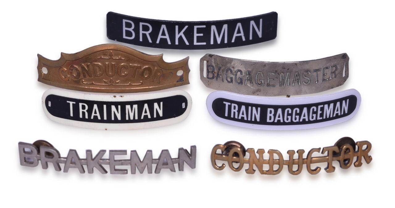 5029 - Seven Railroad Uniform Cap Badges - Conductor, Brakeman, Baggage Master, Trainman, and Train Baggageman thumbnail