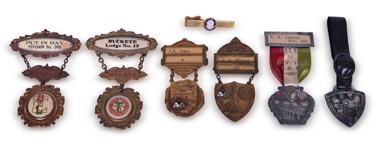 5053 - Group of Brotherhood Railroad Convention Badges and Membership Pins - B of LE, B of LF&E, BRT, and Order of Railway Conductors thumbnail