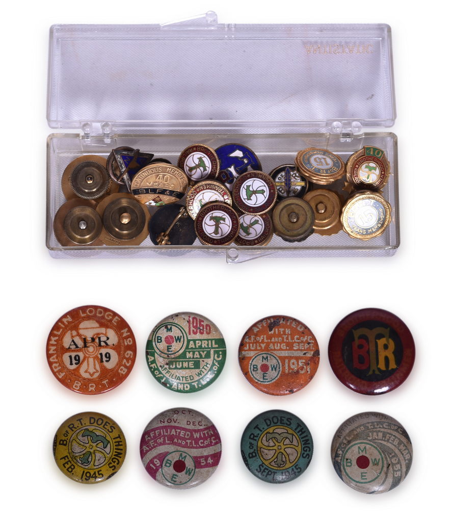 5055 - Twenty-Six Railroad Brotherhood Pins and Buttons - B of LF&E, B of LE, B of RT, and BMWE thumbnail