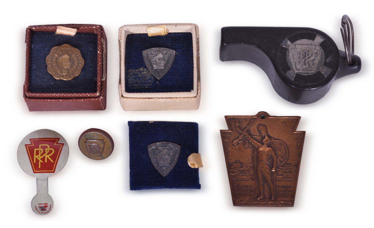 5057 - Pennsylvania Railroad Whistle, Service Pins, Honor For Duty Medal, Uniform Button, and Pennsylvania Reading Seashore Lines Service Pin thumbnail