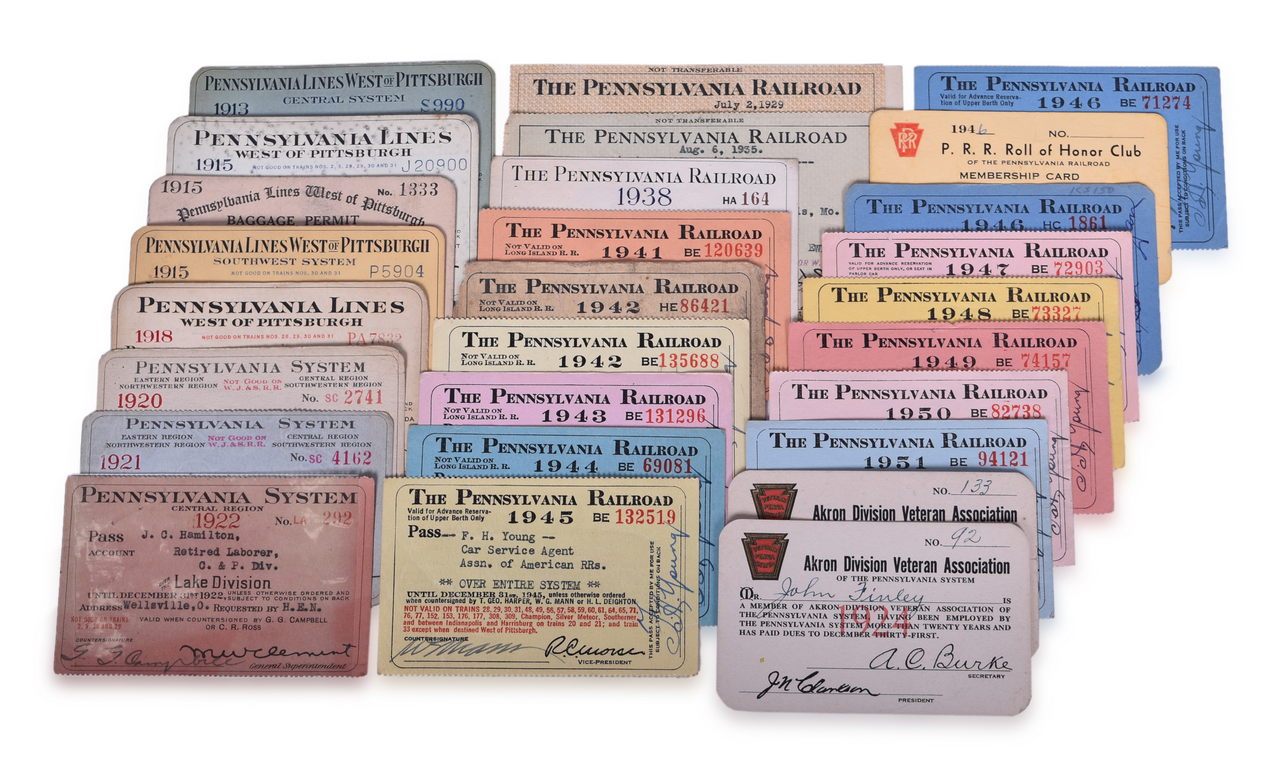 5063 - Twenty-Six Pennsylvania Railroad Annual Passes, Baggage Permit, and Membership and Veteran Association Cards thumbnail