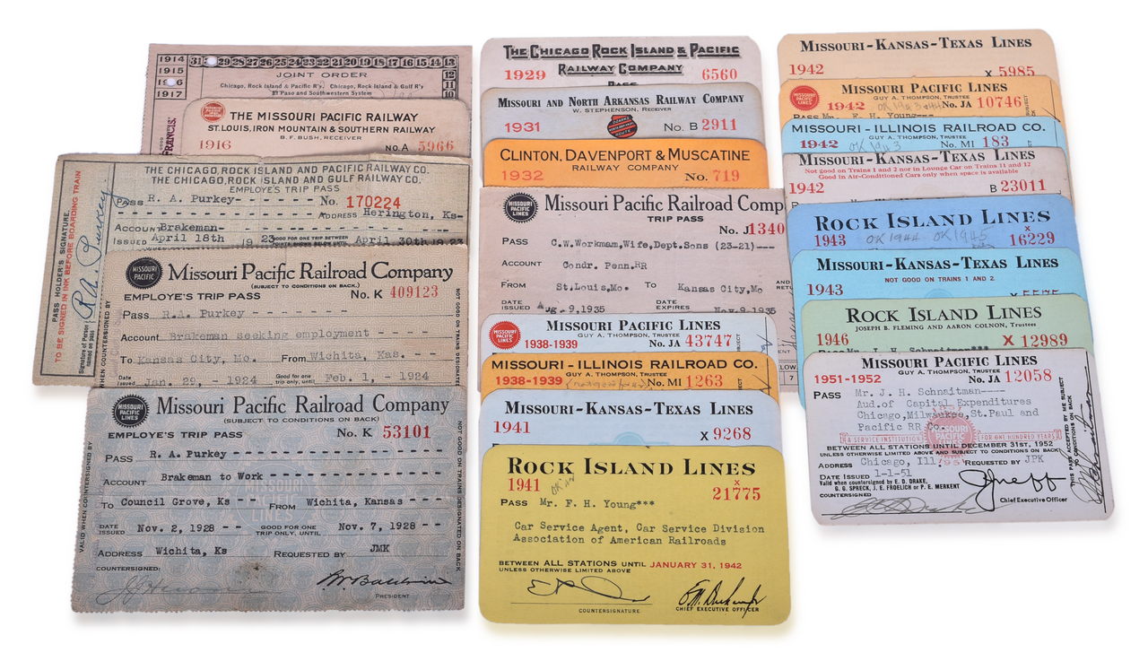 5081 - Twenty-One Midwest Railroad Annual Passes and Trip Passes - Rock Island, Missouri Pacific, Missouri Illinois, and More thumbnail