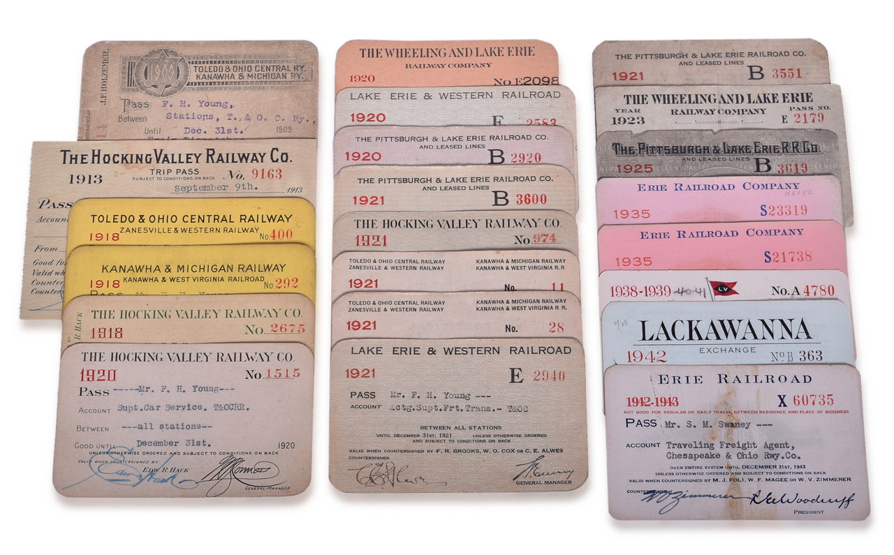 5087 - Twenty-Two Northeast Railroad Annual Passes and Trip Pass - Toledo & Ohio Central, Kanawha & Michigan, Hocking Valley, and More thumbnail