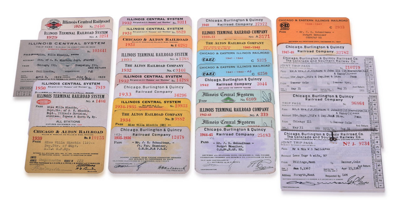 5091 - Thirty-One Railroad Annual Passes and Trip Passes - Illinois Central, Chicago & Alton, Burlington Route, Chicago & Eastern Illinois, and Illinois Terminal thumbnail